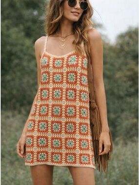 Zara Crochet Granny-Square Mini Dress in Cream, Orange & Pink